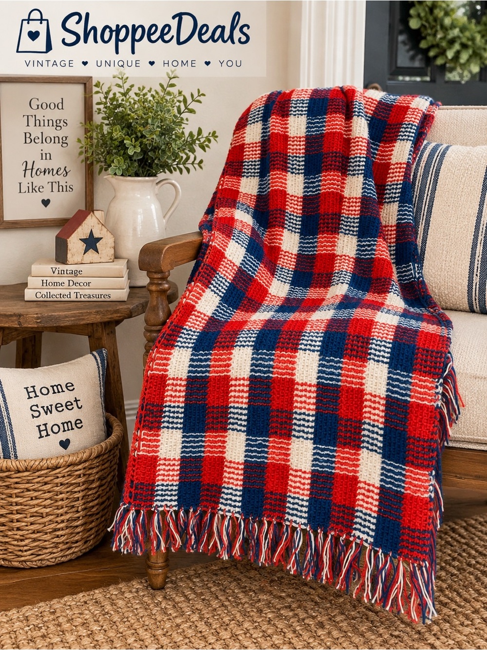 Vintage Handmade Crochet Plaid Afghan Blanket Red White Blue Fringe